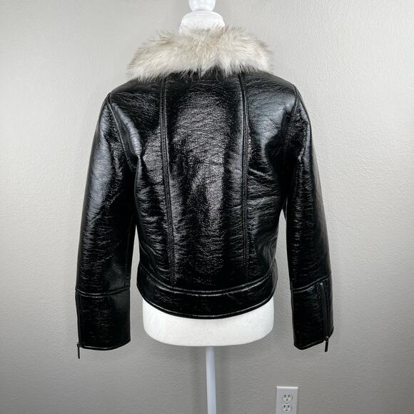 Revolve Unreal Fur Wet Look Aviator Biker Jacket Faux Leather/Fur Black L NWT - Picture 12 of 16
